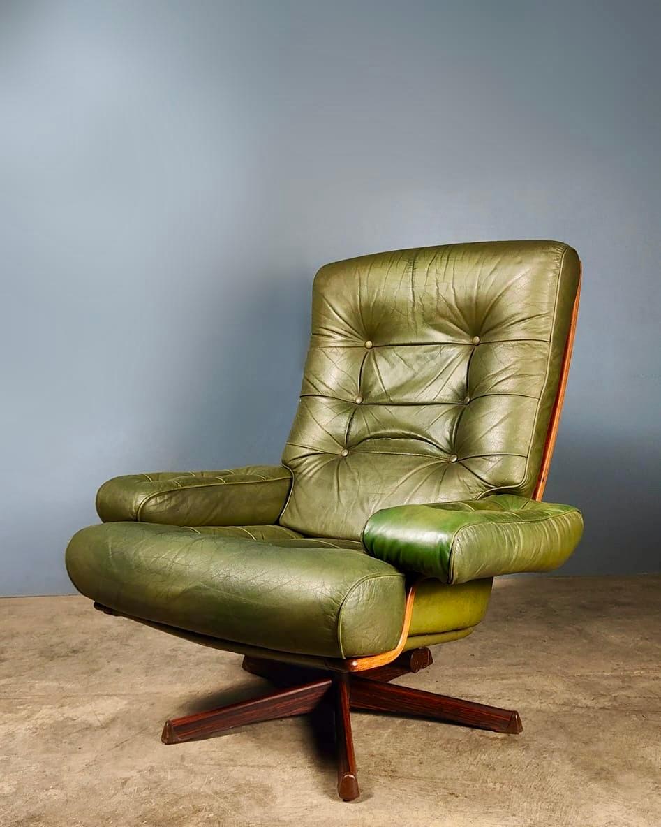 SOLD Mid Century Göte Möbler Green Leather Swivel Chair Lounge Armchair Vintage Retro MCM