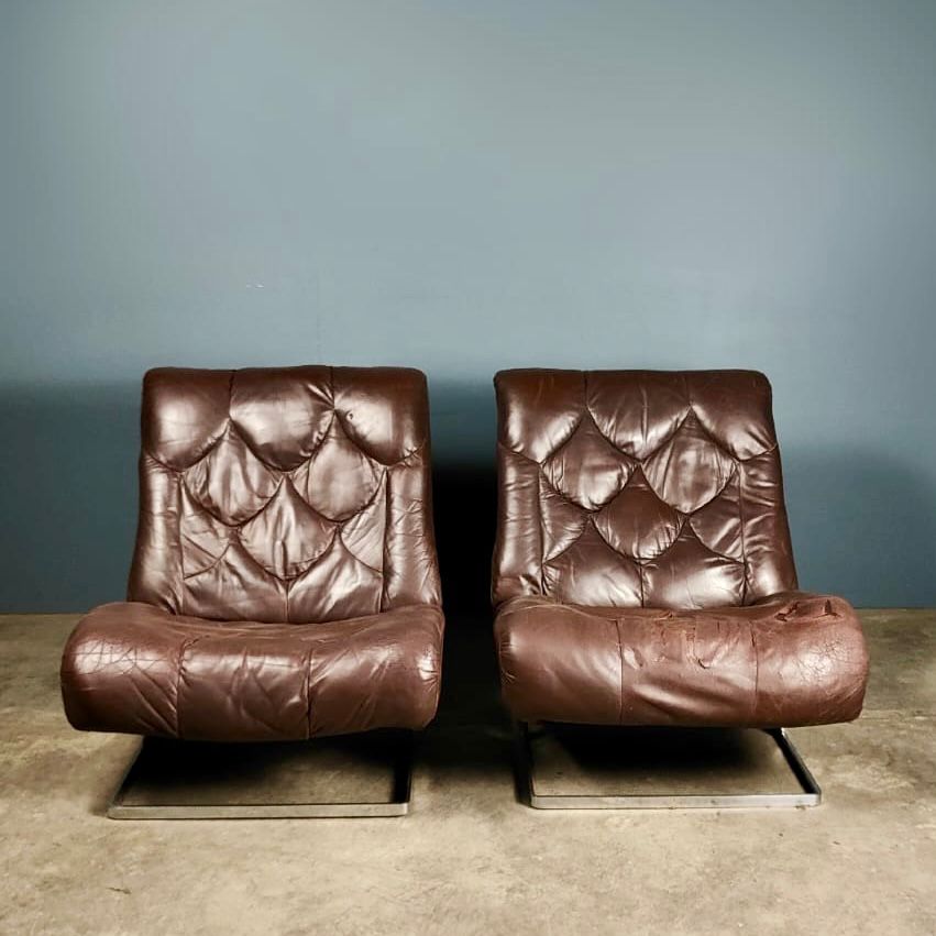 SOLD Pair Of Tetrad Nucleus Brown Leather Chairs Sofa Mid Century Vintage Retro MCM