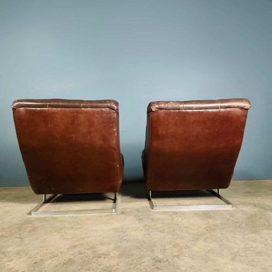 SOLD Pair Of Tetrad Nucleus Brown Leather Chairs Sofa Mid Century Vintage Retro MCM