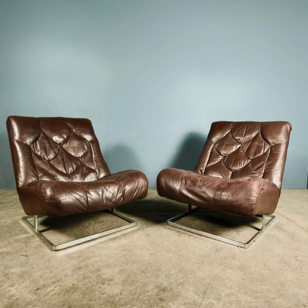 SOLD Pair Of Tetrad Nucleus Brown Leather Chairs Sofa Mid Century Vintage Retro MCM