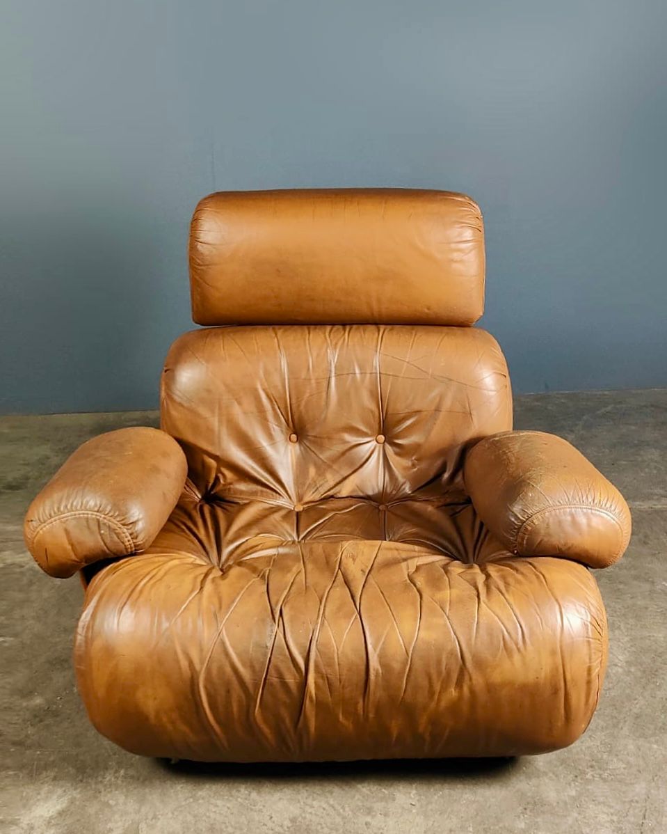 SOLD Mid Century Oversized Lounge Chair Tan Cognac Leather Cuddle Bubble Shaped Armchair Vintage Retro MCM