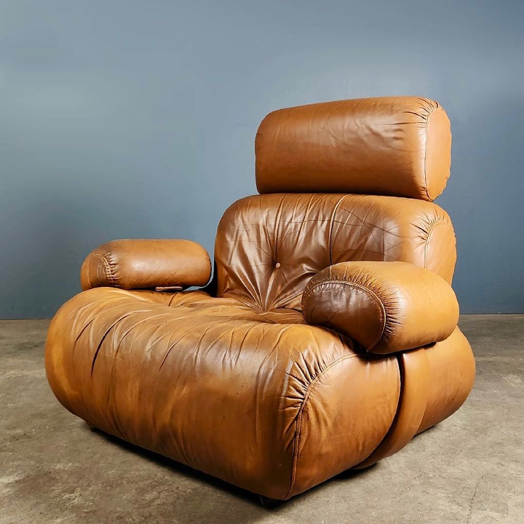 SOLD Mid Century Oversized Lounge Chair Tan Cognac Leather Cuddle Bubble Shaped Armchair Vintage Retro MCM