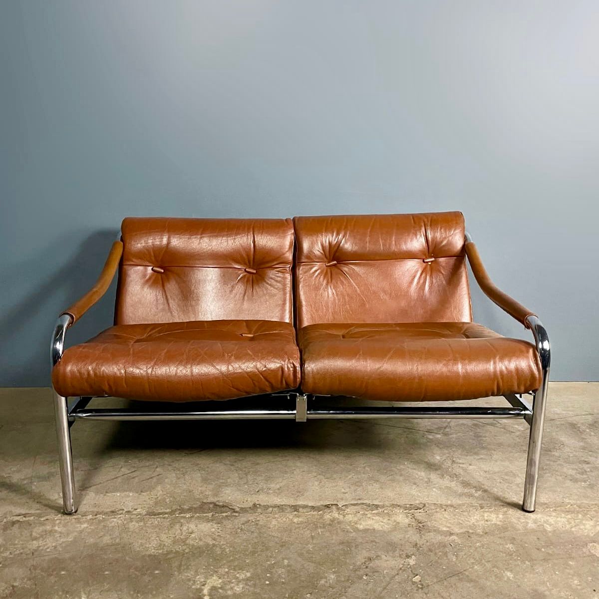 SOLD Mid Century Pieff Beta Tan Brown Leather Two Seater Sofa Vintage Retro MCM