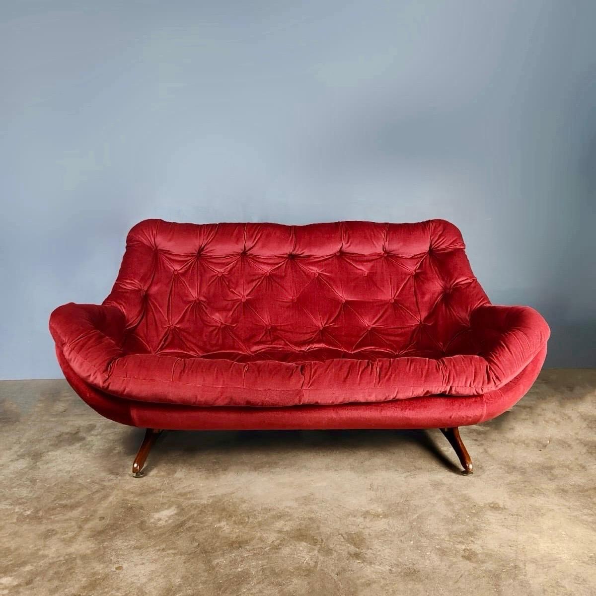 SOLD 2 Seater Pink Red Velvet Egg Sofa Mid Century Vintage Retro MCM