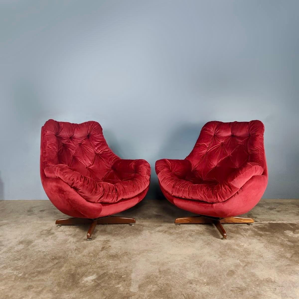 SOLD Matching Pair Of Pink Red Swivel Velvet Lounge Egg Chairs Mid Century Vintage Retro MCM