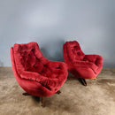 SOLD Matching Pair Of Pink Red Swivel Velvet Lounge Egg Chairs Mid Century Vintage Retro MCM