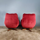 SOLD Matching Pair Of Pink Red Swivel Velvet Lounge Egg Chairs Mid Century Vintage Retro MCM